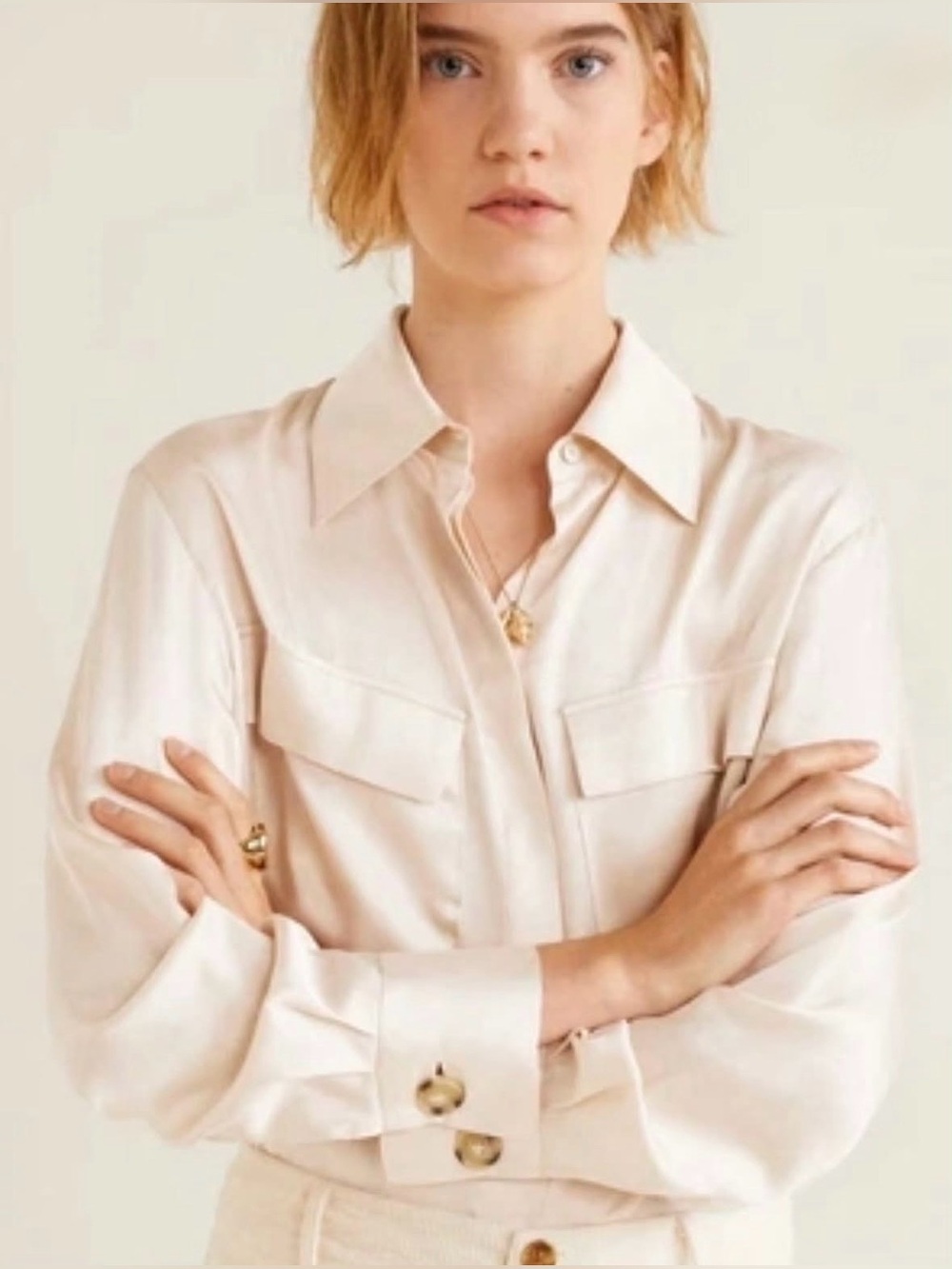 Mango Cream Button-Down Shirt - Lightweight Collared Blouse, Size Xl